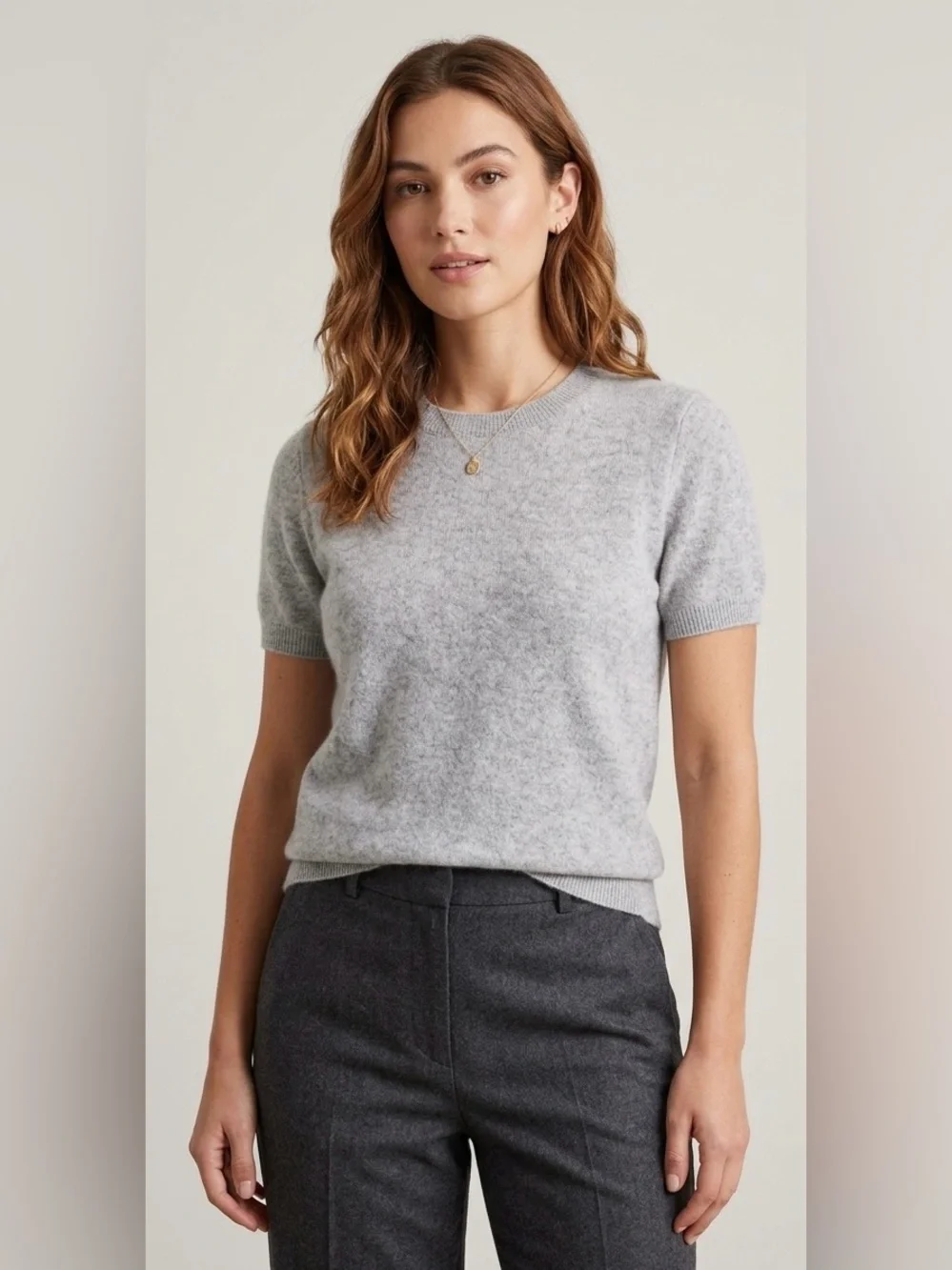 Quince Grey Cashmere Short Sleeve Sweater | Heather Grey Knit Crewneck Top